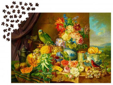Enjoy Puzzle - Still Life with Fruit Flowers and a Parrot - 1000 Stukjes 4